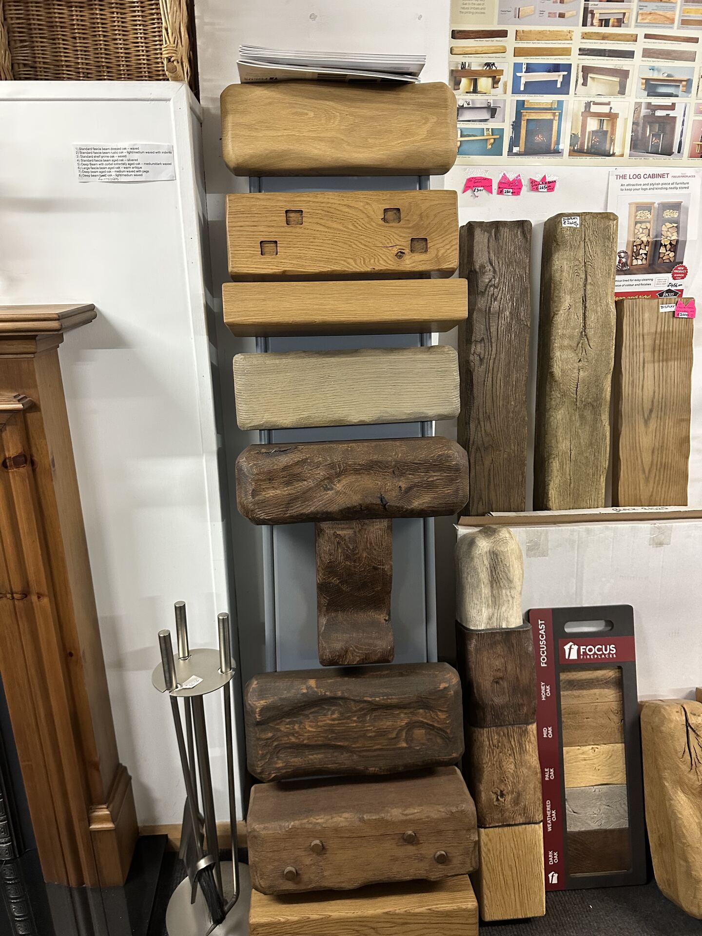 Display rack of wooden beam and mantel finish samples