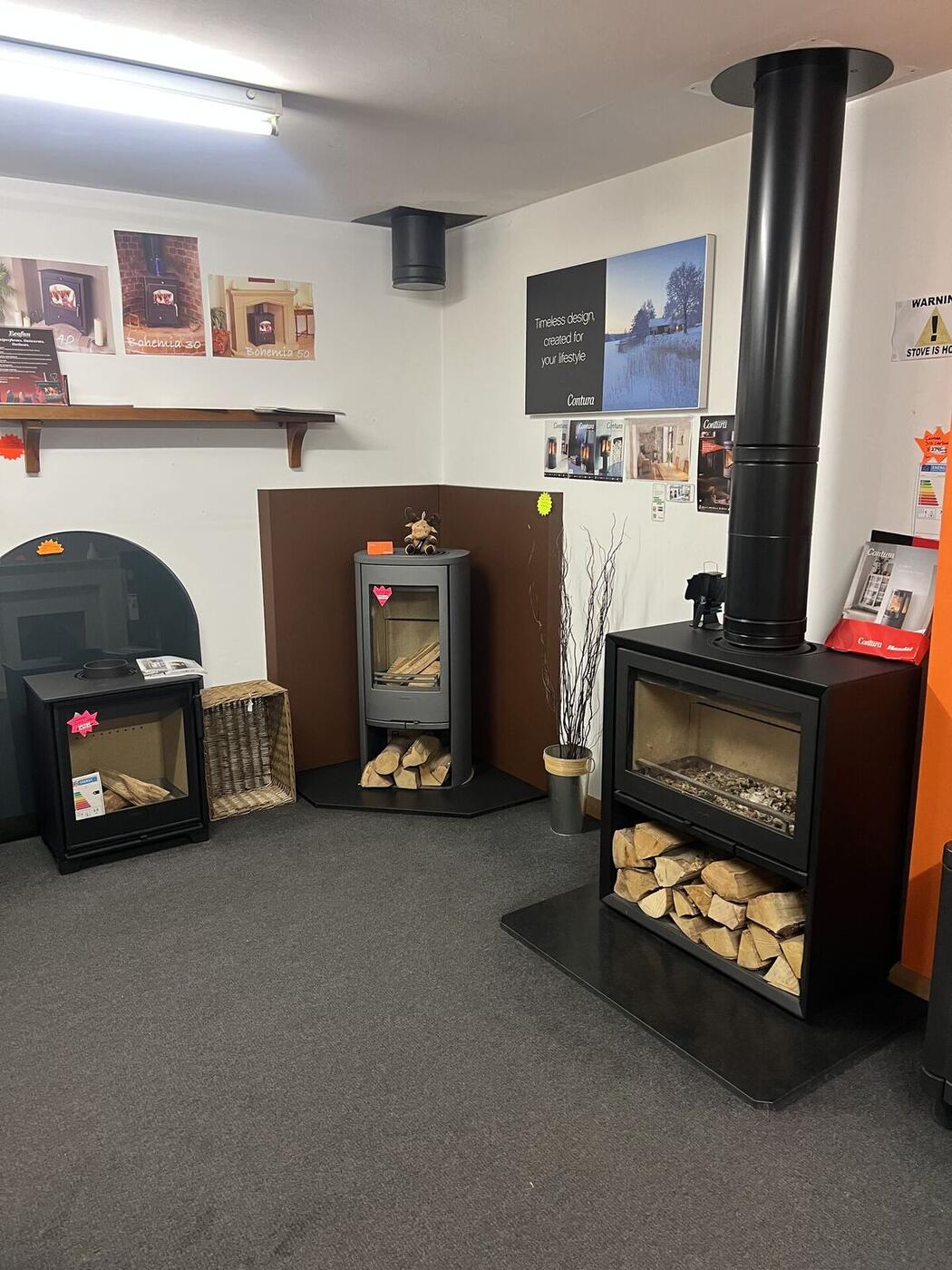 Stoves on display in the showroom