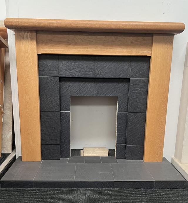 ‘Cairngorm’ Oak surround 53”, Riven Tiled hearth and panel set