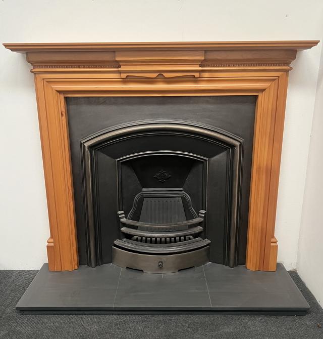 London Plate Cast Fireplace 54”, Slate hearth & Wooden surround
